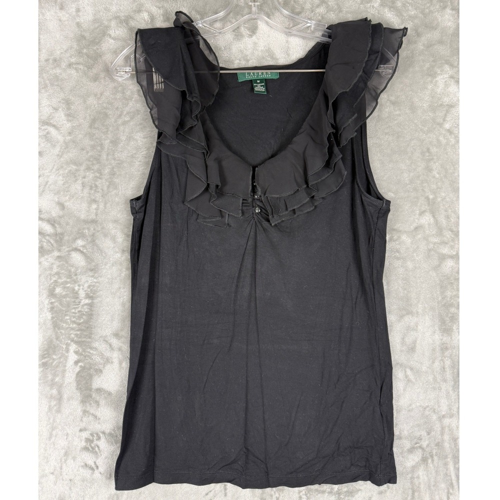 Lauren Ralph Lauren Black Ruffle Neck Sleeveless Blouse Chiffon Trim Womens M